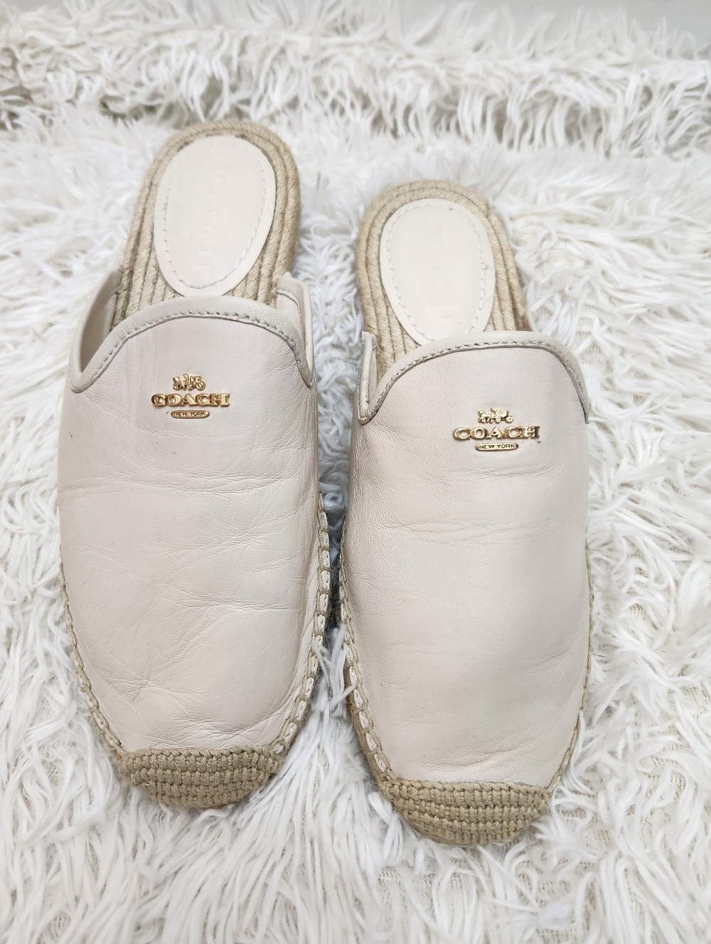 Coach Leather Espadrille Mules Slides Cream Beige Size 8B